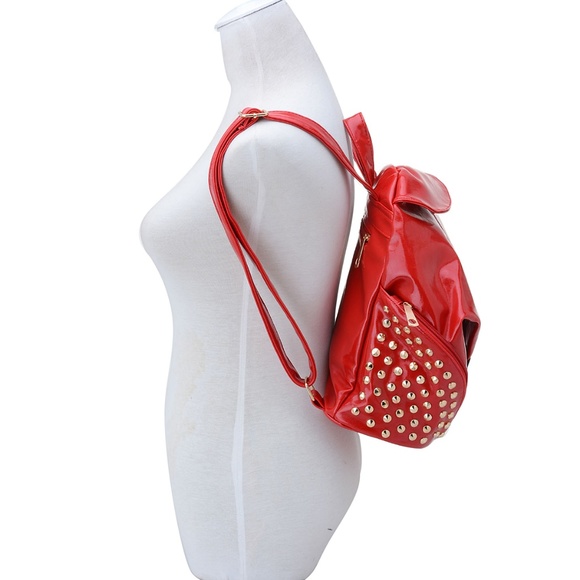 Backpack Red Leatherette Gold Studded - Picture 3 of 5